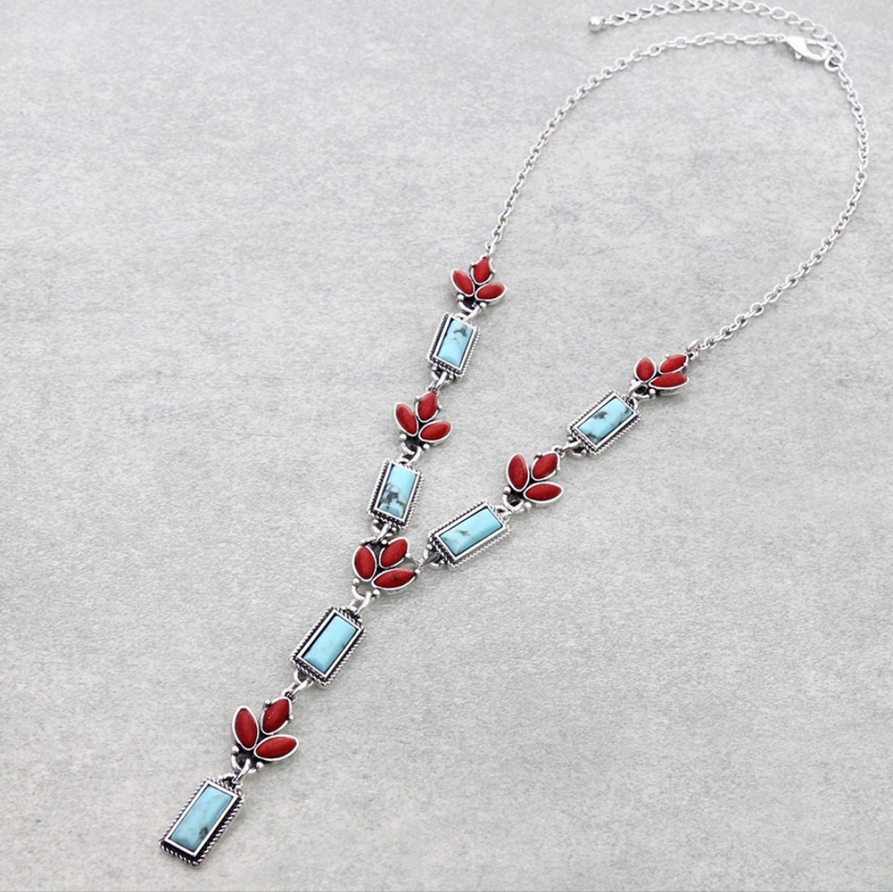 NWT Silver, Turquoise, and Red Western Boho Gemstone Necklace